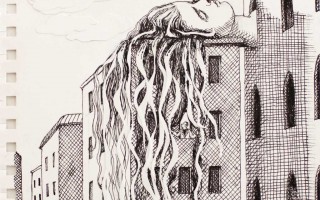 Brigitte Szenczi - Rapunzel - 175 x 175 cm Tinta y collage sobre papel 2014